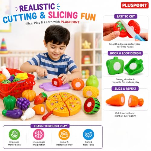 Image of PLUSPOINT 20 PCS Cutting Play Food Toy Set with Storage Basket | Sliceable Fruits, Vegetables & Pizza Kitchen Pretend Play Accessories with Cutting Board & Chopper | Role Play Toy for Boys & Girls