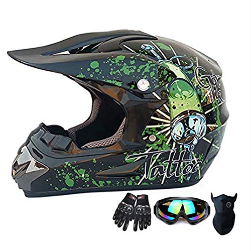 Smile Motocross Helmet Handsome Teen Adult ATV Motorcycle Helmet SUV Mask Goggles Gloves,Fashion Off-Road Mountain Helmet 4-Piece Set Unisex,15,M