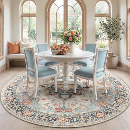 RELEANY Washable Area Rug, Round 7ft, Beige/Blue/Orange