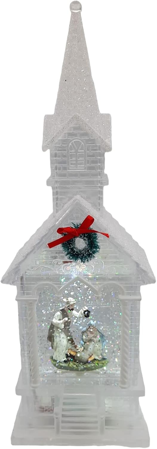 Lighted 11 Inch Christmas Water Lantern Snow Globe with Continuous Swirling Glitter- Church with Nativity Scene