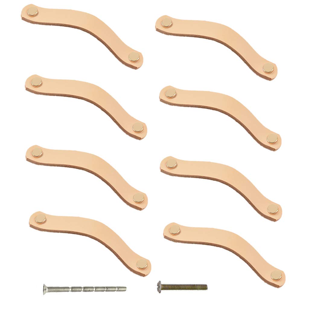 yusheng 8 Pack Soft Genuine Leather Drawer Pulls Handle,Wardrobe Cabinets Kitchen Closet Knobs Door Pulls Handles knobs with Screws,Home Decoration, Handmade (5.6" / 141mm, Flesh-Colored)