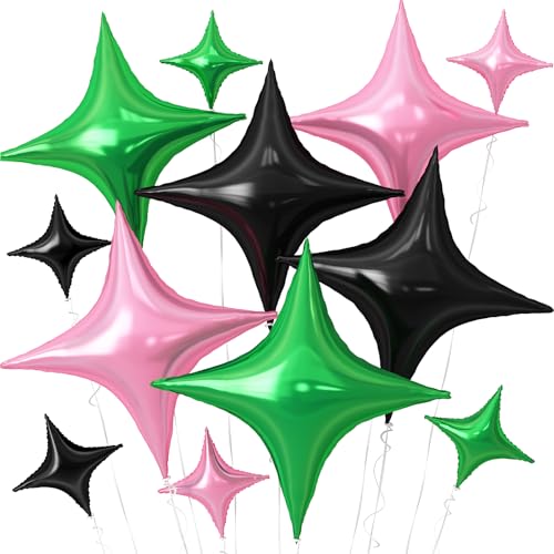 Image of Pink Green Black Star Balloons,12Pcs Four Angle Star Foil Balloons