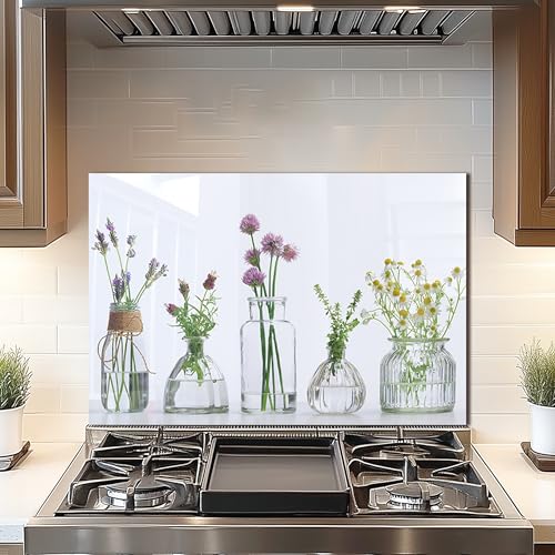 DAIFURONGE Tempered Glass Backsplash For Kitchen Behind Stove,Flower Bottle Stove