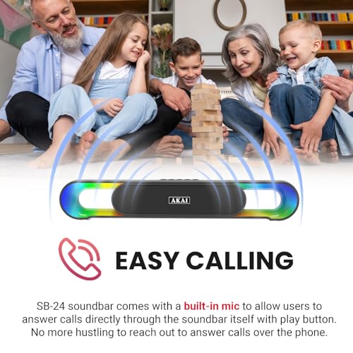 Image of AKAI SB-24 24W Bluetooth Portable Soundbar with RGB LED Lights | TWS Dual Soundbar Pairing | 2400 mAh Battery | BT V5.3, USB, AUX, TF Card | Type-C Charging | Portable | Up to 5 Hours Playtime