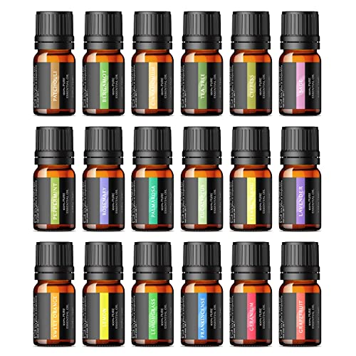 Essential Oils Gift Set, 18 x 5mL Aromatherapy Top Oils for Diffuser, Humidifier, Massage, Skin Hair Care, Therapeutic Grade 100% Pure, Include Lavender, Sweet Orange, Eucalyptus and More Essential Oils Gift Set, 18 x 5mL Aromatherapy Top Oils for Diffuser, Humidifier, Massage, Skin Hair Care, Therapeutic Grade 100% Pure, Include Lavender, Sweet Orange, Eucalyptus and More