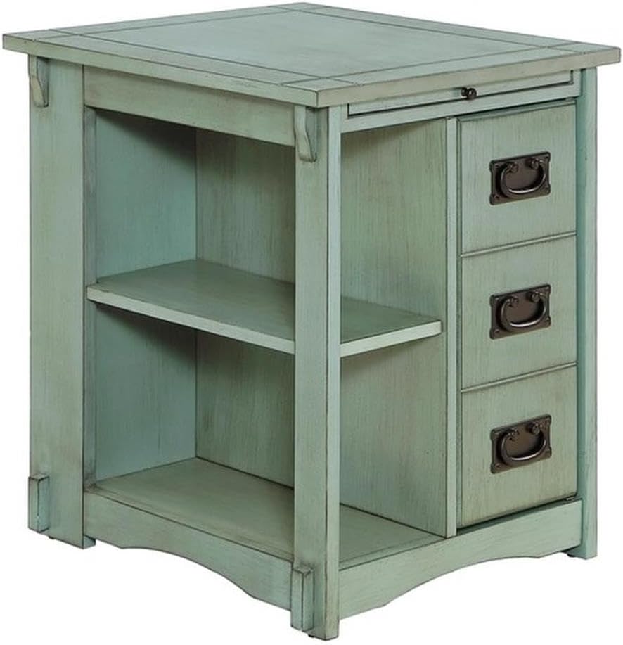 Linon Parnell Storage Side Table/Cabinet with Pull Out Shelf in Teal Wood
