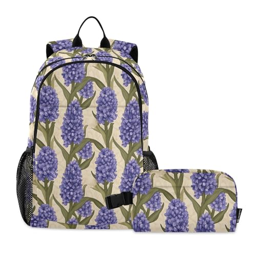 Travel Backpack Lunch Bag Set for Hiking Picnic, Backpacks with Insulated Lunch Box Lavender Pattern Print