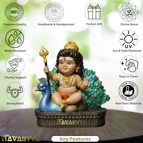 Image of Lord Murugan Idol | Bal Kartikeya /Skanda /Subrahmanya Swamy Statue with Peacock | for Mandir, Car Dashboard, Home Temple, Office Desk & Home Decor | Spiritual Gifting & Housewarming