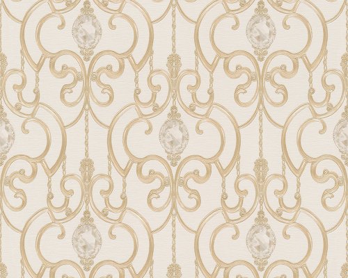 Satintapete Hermitage - 1005 x 53 cm Farbe: Beige / Metallic / Weiß