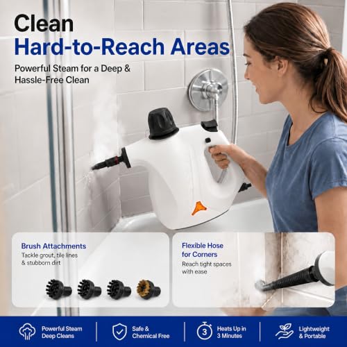 Image of Handheld Steam Cleaner, Pressurized Multi-Purpose Natural Steamer with 12 pcs Accessories, Steamer for Cleaning Car, Bathroom, Countertop, Upholstery, Shower, Couch, Tile Grout, Window, Grease(Beige)
