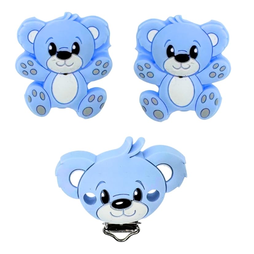 Nuckelkette mit Namen " 3D - BÄR/TEDDYBÄR " in verschiedenen Farben/Baby/Unisex/Personalisiert/HANDMADE (Babyblau Weiß)