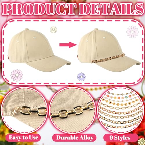 Image of Geyoga 9 Pcs Trucker Hat Chains Trucker Hat Charms Women Man Bill Decoration Detachable DIY Metal Chain for Mesh Baseball Cap(Multicolor,Flower)
