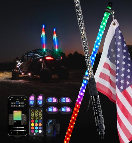 Xprite 2PC 5FT LED Whip Lights and 6 Pods RGB Rock Lights Kit w/Bluetooth App & Remote Control, Wide Angle Rock Light for Trucks and Spiral LED Light Whips for Side by Side w/Stop/Signal/Reverse Mode