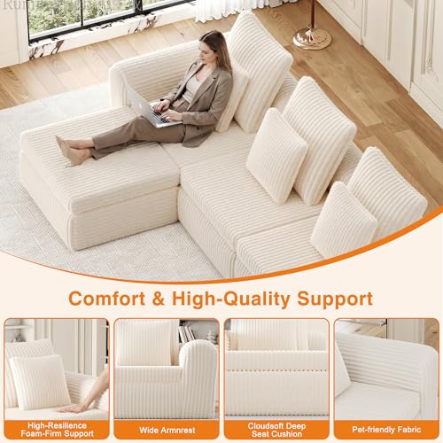 Image of Feonase Modular Sectional Sofa, Cloud Sectional Couch with Deep Seat, 106.3'Modern Modular U Shape Sofa Couch with Chaise, Upholstered Boneless Couches for Living Room Bedroom, Beige