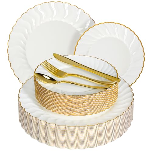 Lzerking 150 Pcs Gold Disposable Dinnerware Set for 25 Guests, Plastic Plates for Party - 25 Dinner Plates 10.25”, 25 Dessert Plate 7.5”, 75 Gold Plastic Silverware 25 Napkins, Holiday Wedding Party