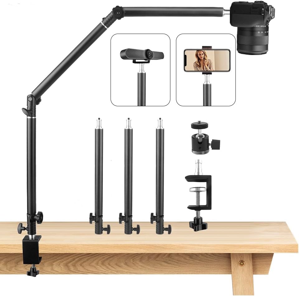 Heavy Duty Overhead Camera Desk Mount Stand 14.5"-41" with 1/4" Screw, 3-Section 360°Rotatable Detachable Articulating Boom Arm with Enlarged Handle C Clamp, Tabletop Light Stand for Streaming Vlog DTMS05