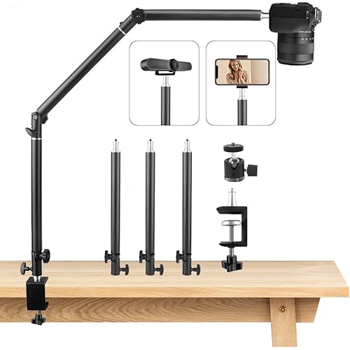 Heavy Duty Overhead Camera Desk Mount Stand 14.5"-41" with 1/4" Screw, 3-Section 360°Rotatable Detachable Articulating Boom Arm with Enlarged Handle C Clamp, Tabletop Light Stand for Streaming Vlog