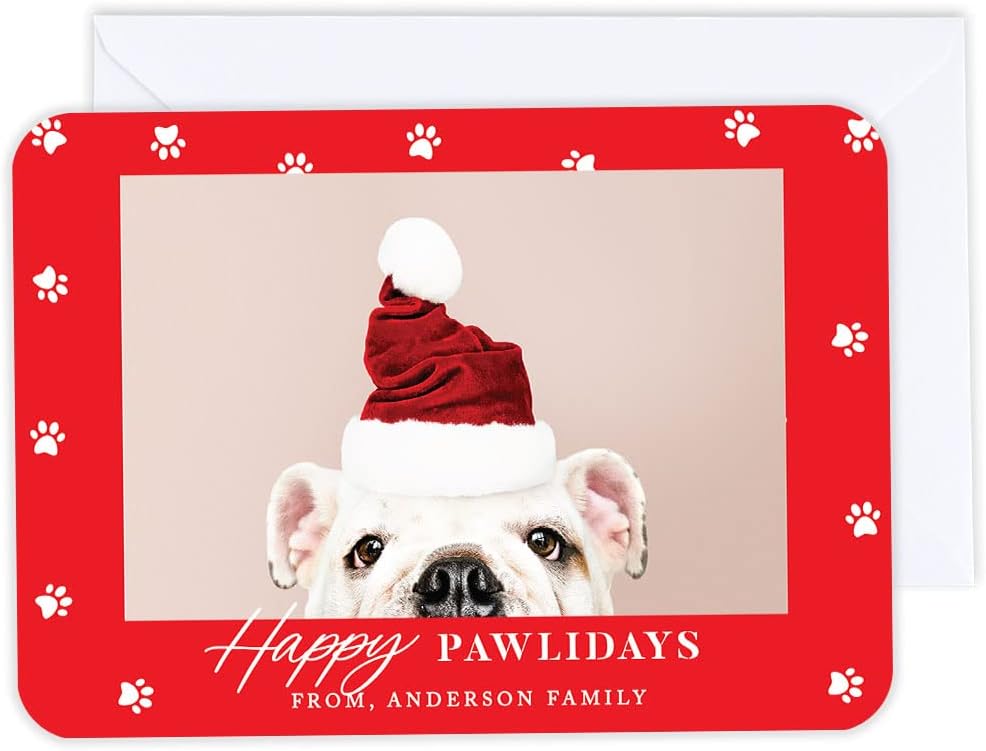 Andaz Press Personalized Pet Holiday Cards with Envelopes, Happy Pawlidays 5"x7" Christmas Cards with Custom Photo Pet Portrait, Cat, Dog Christmas Cards Christmas Photo Frame Greeting Cards, 24-Pack