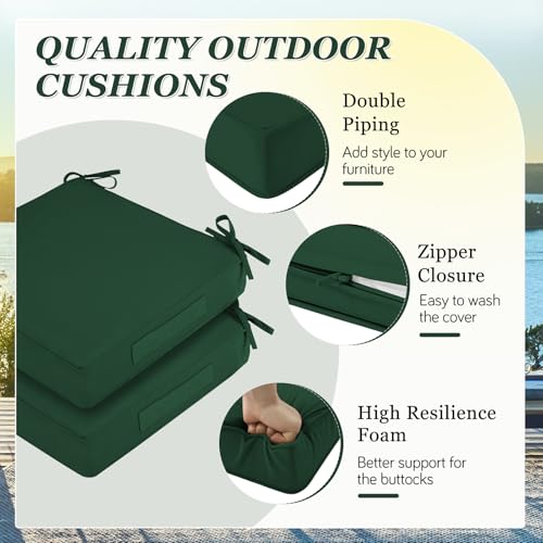 HOMELYSIAN Waterproof Outdoor Chair Cushions Set of 2, Square Outdoor Seat Cushions with Ties and Removable Covers, 22 x 22 Outdoor Cushions for Patio Furniture with Portable Handle(Forest Green) by HOMELYSIAN - Used condition - Image 4
