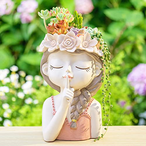 Adorable Large Girl Face Planter Cute Big Succulent Pot With Drainage Hole Tall Lady Head Planter Farmhouse Resin Flower Pot Decorative Vase For Indoor And Outdoor Plants Gifts For Mom/Aunt/Lover #TOP3