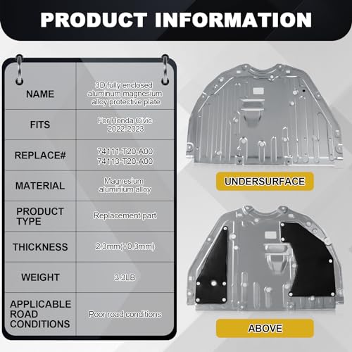 Image of 74111-T20-A00 74113-T20-A00 Lower Engine Splash Guard Under Car Shield Cover Board for Honda Civic 2022 2023, Front Centre Underbody Shield | with Engine Cover Pins and Bolts, Replace# 74111T20A00