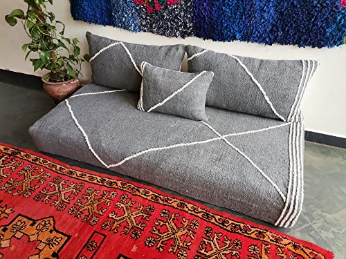 Foamrush Moroccan 6" X 28" X 84" Grey/Cream Woven Textured Rope Floor Cushion Couch W/Gel Memory Foam, Armless Loveseat, Floor Poof, Floor Sofa, Boho Couch, Modern Sofa, Floor Pillow, Back Support #TOP1