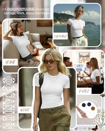 Image of Evervibe Women Built-in Bra Short Sleeve Shirts Crewneck T-Shirt Slim Fit Going Out Tops Summer Casual Basic Tees(White,Small)