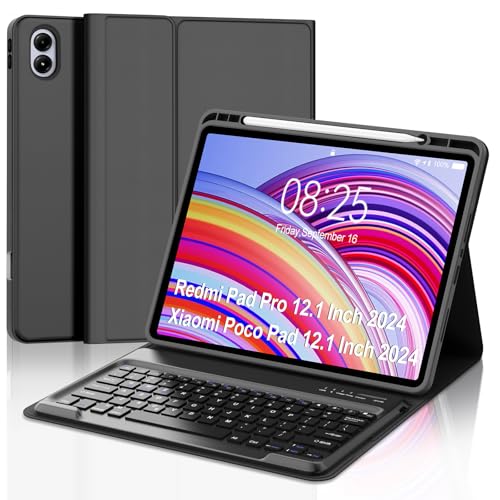 Image of Keyboard Case for Redmi Pad Pro / Xiaomi Poco Pad 12.1 Inch Case with Keypad, Detachable Bluetooth Key Board Cover with Pen Holder for Xiaomi Redmi Pro 12.1 inch 2024 Release, Portable & Functional, Black