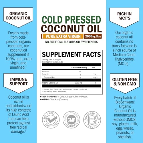 image for BioSchwartz Coconut Oil Capsules 2000mg - Organic Pure Extra Virgin Un