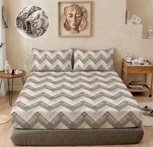Image of BSB HOME 240 TC Cotton Fitted Double Bedsheet with 2 Pillow Covers, Elastic Bed Sheet, Soft Breathable Skin-Friendly Fabric, All Season Comfort - 72 x 72 + 8 Inches (Taupe & Stone Chevron)