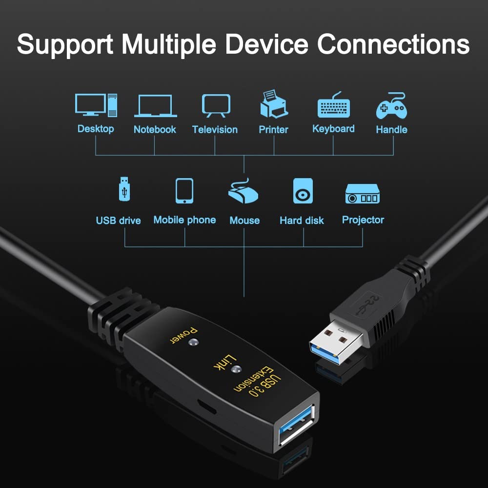 Przedłużacz USB, USB 3.0, aktywny repeater, wtyczka USB na gniazdo, ze wzmocnieniem sygnału, aktywny kabel do drukarek, klawiatur, konsoli do gier (20 m)