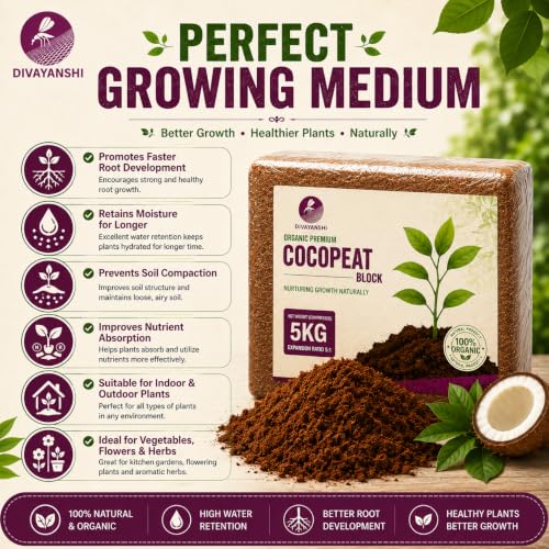 Image of Divayanshi Cocopeat Block for Plants & Gardening | 100% Natural Organic Growing Medium | High Water Retention Soil Conditioner for Home Garden, Nursery & Pots-5kg
