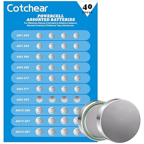 Cotchear 40pcs Alkaline Cell Batteries Assorted 1.5 Volt AG1/LR621 AG3/LR41 AG4/LR626 AG5/LR754 AG12/LR43 AG13/LR44 Coin Batteries Set 0% Mercury Cover