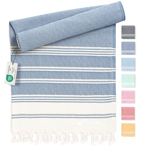 Toalla Hammam – Toallas de playa grandes de algodón 100% reciclado – Toalla turca de secado rápido, Fouta, toalla de playa grande pestemal ideal como sarong - Azul - 100x200cm Diamond