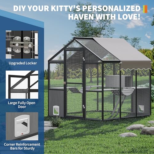 Aluminum Walk-In Large Outdoor Cat Enclosure, Large Outdoor Catio for Multiple Cats, Outside Cattery with Weatherproof Roof with Channels, Side Door, UV Proof Cover, Huge Condo, Platform