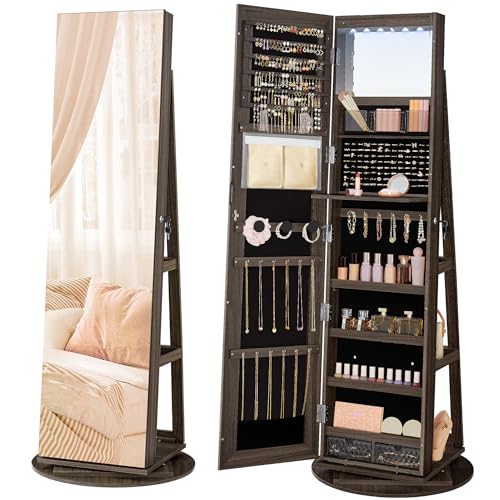 Image of SONGMICS 6 LEDs Mirror Jewelry Cabinet Organizer, 360 Swivel, Lockable | Frameless Full-Length Mirror with Storage, Jewelry Armoire, 3 Storage Shelves, Ash Brown Surface, Black Lining UJJC007K02