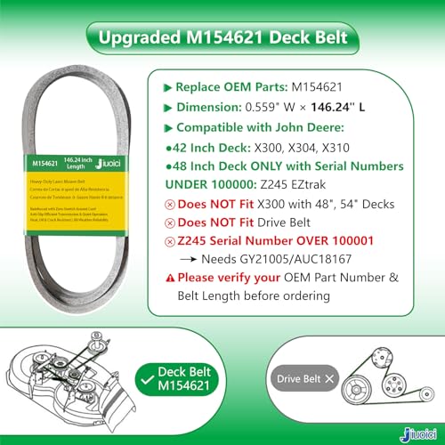 Image of M154621 (146.24 inch) Heavy-Duty Mower Deck Belt, Fits John Deere 42 inch Deck | Fits John Deere 42 inch Deck X300 X304 X310, 48 inch Deck Z245 EZtrak Mower Blade Belt, Aramid Core, Zero-Stretch