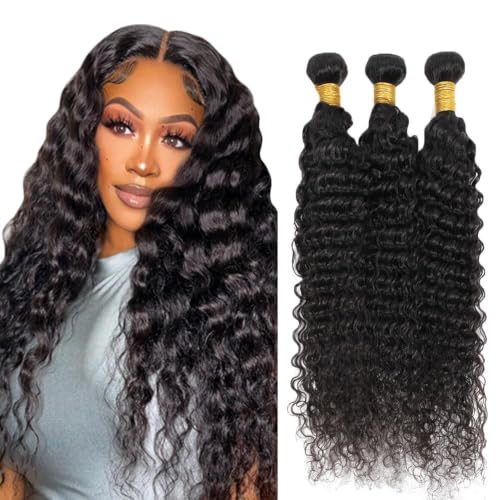 Deep Wave Human Hair Bundles Color #1B Natural Black 24 26 28 Inch 3 Bundles Human Hair Deep Weave Unprocessed Virgin Hair Extensions 50 Gram Per Bundle
