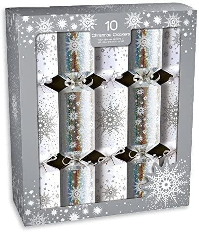 WOW Holo Snowflake Silver & White Snowflake Christmas Crackers Gift Family Party Xmas Kids Santa Luxury Celebrations Box Fun