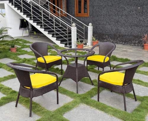 Image of PRATHAM India 4+1 Outdoor Indoor Patio Set Bistro Set Rattan Set Lawn Balcony Hall Outdoor Garden Chair Table Set (Brown Chair & Yellow Cushion)