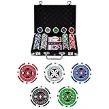 *チップ数：1点x50枚；5点x50枚；10点x50枚；25点x25枚；100点x25枚。 *ケースサイズ：幅29.5x奥行23x高さ6.5cm　　*本体重量：約3kg　　*チップ重さ：約11g/枚 *付属品：チップ200枚+ケース１個+サイコロ5個+トランプ2組+ディーラー1個+鍵2本。