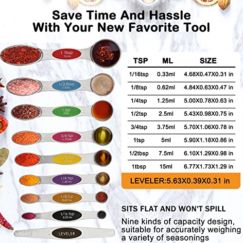 Magnetic Measuring Spoons Set Of 9, Stainless Steel, Dual Sided For Liquid And Dry Food, Tablespoon With Metric And Us Measurements, Spoons Fit In Spice Jars, Cooking, Baking, Dishwasher Safe (Color) #TOP5