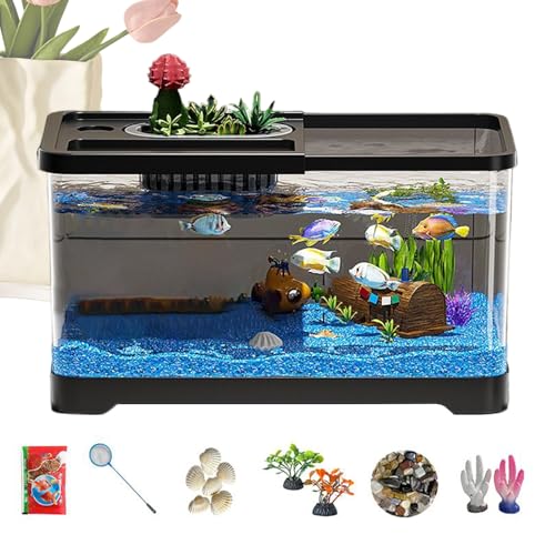Acquario Principianti Kit Completo Con Coperchio, 37.6x21x21cm Vetro Trasparente - 6 Decorazioni - Per Casa, Ufficio,...