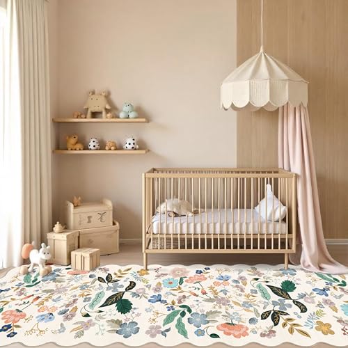 Washable 4x12 Wide Area Rug: Hallway Soft Floral Scalloped Carpet Water Resistant Non-Slip Runner Rug for Entryway Kitchen Dining Room Low Pile Floor Mat for Living Room Bedroom Nursery(4x12,Cream)