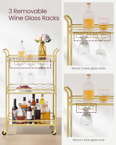 Image of VASAGLE Bar Cart Gold, Large Home Bar Serving Cart with 3-Tier