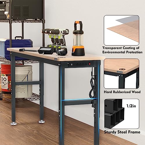 Image of WORKPRO 72 inch Adjustable Workbench, 3000 LBS Load Capacity Hardwood Garage Workbench with Power Outlets, Rubberwood Top Heavy-Duty Workstation for Workshop, Garage, Home