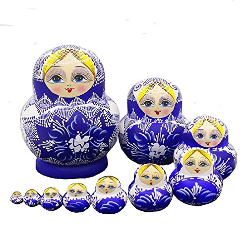 K&L King&Light 10pcs Beautiful Blue_White Russian Nesting Dolls Matryoshka Wooden Toys