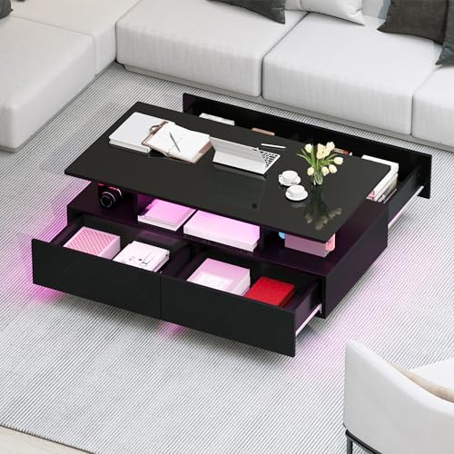 GOOBED LED Coffee Table with Storage, Glossy LED Coffee Tables for Living Room, Small Center Table with Open Display Shelf & Sliding Drawer, Rectangular Coffee Table, Black