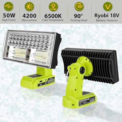 Image of 50W 4200LM Cordless LED Work Light for Ryobi One 18V Battery Portable Flood Lights for Outdoor Indoor Workshop Job Site, Floodlight & Spotlight Modes /Pivoting Head /USB Port(No Battery)