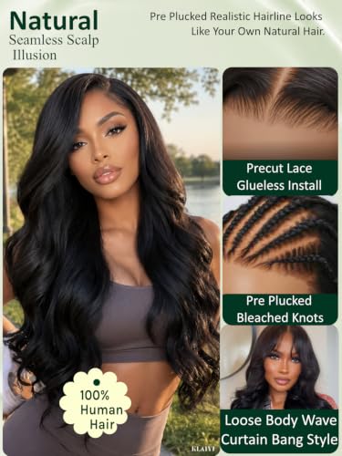 Image of KLAIYI Loose Wave Bangs Glueless Precut 13x4 Lace Front Wigs Human Hair 16 inch